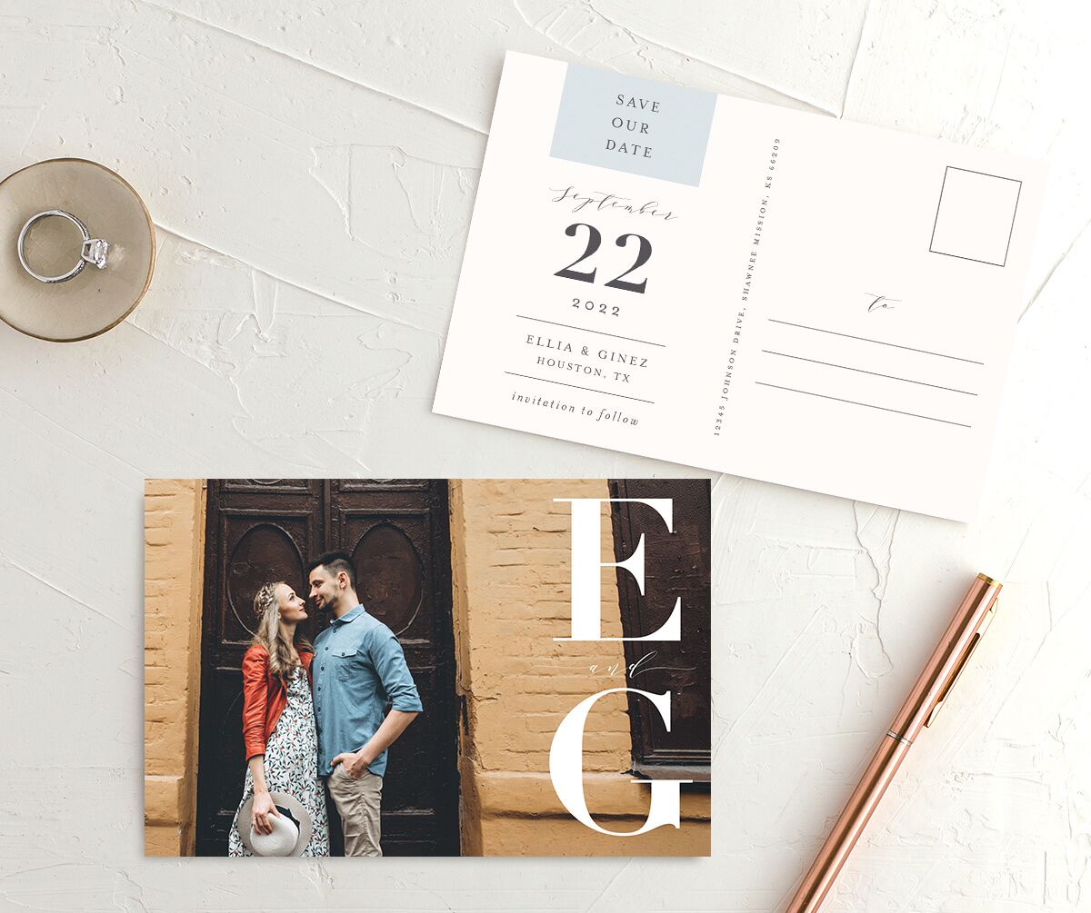 Custom Monogram Save the Date Postcards front-and-back in Blue