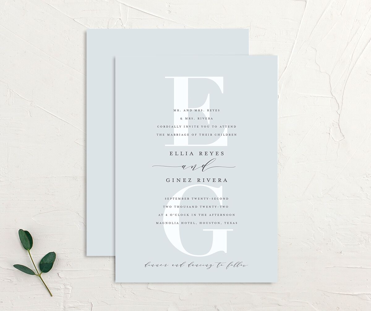 Custom Monogram Wedding Invitations front-and-back in French Blue