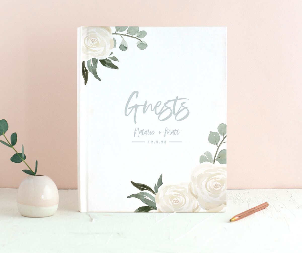 Rosy Calligraphy Wedding Guest Book front in Pure White