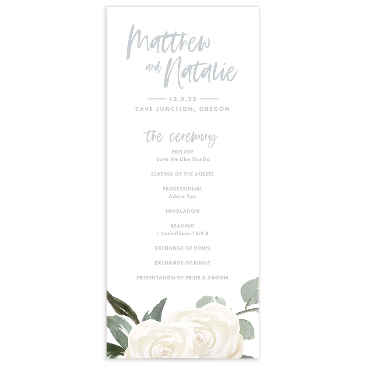 Rosy Calligraphy Wedding Programs front in Pure White