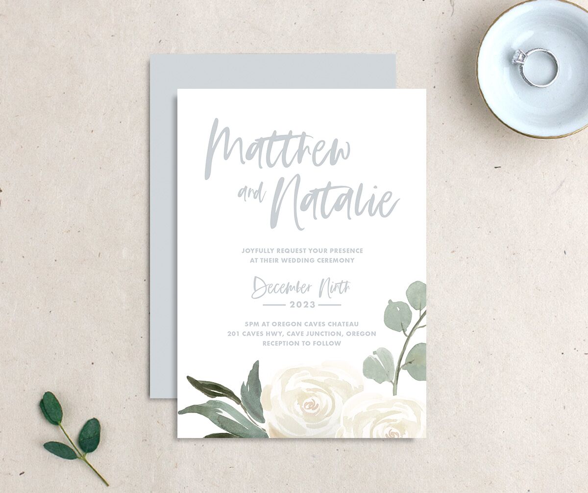 Rosy Calligraphy Wedding Invitations front-and-back in Pure White