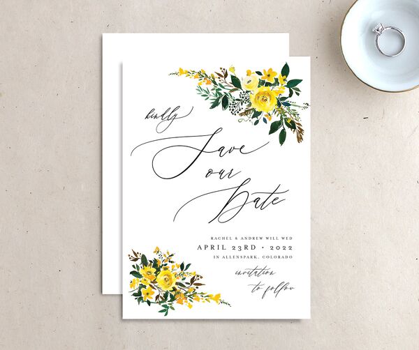 Brilliant Blooms Save the Date Cards front-and-back in Pure White