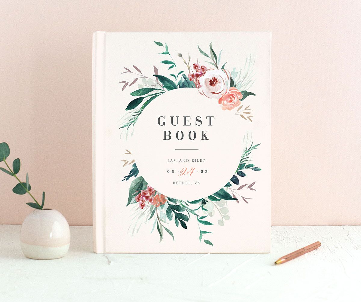Elegant Wreath Wedding Guest Book front in Rose Pink