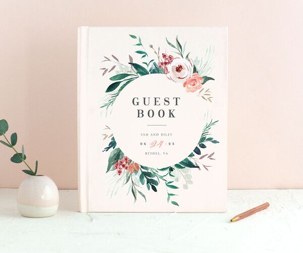 Elegant Wreath Wedding Guest Book front in Rose Pink
