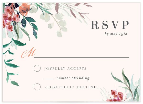 Elegant Wreath Wedding Response Cards front in Rose Pink