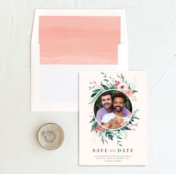 Elegant Wreath Save the Date Cards envelope-and-liner in Rose Pink