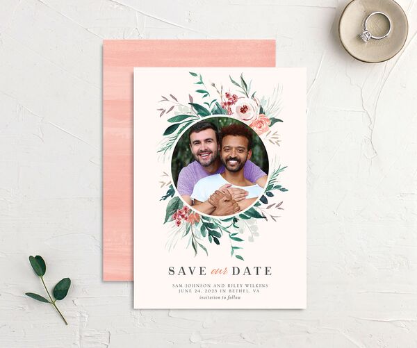 Elegant Wreath Save the Date Cards front-and-back in Rose Pink