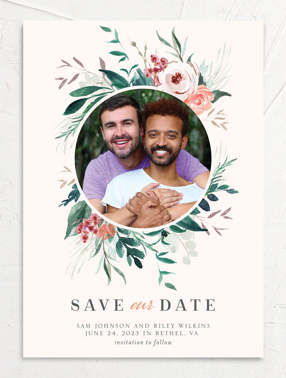 Elegant Wreath Save the Date Cards front in Rose Pink