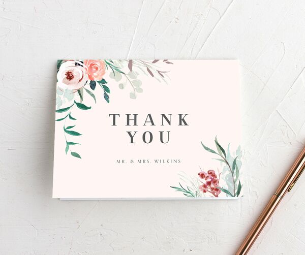 Elegant Wreath Thank You Cards front in Rose Pink