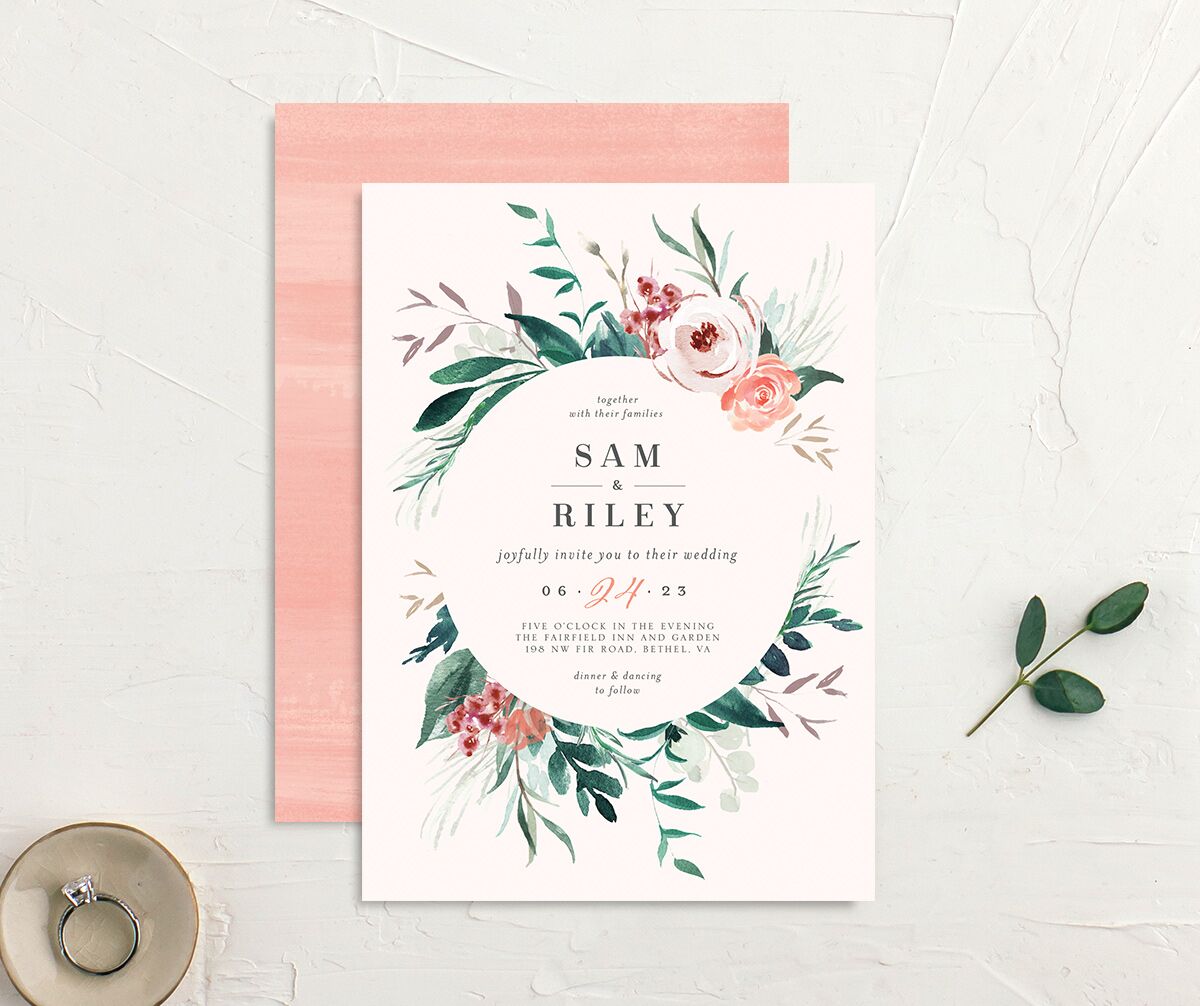 Elegant Wreath Wedding Invitations front-and-back in Rose Pink