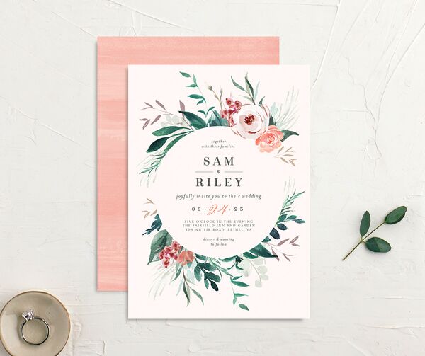 Elegant Wreath Wedding Invitations front-and-back in Rose Pink