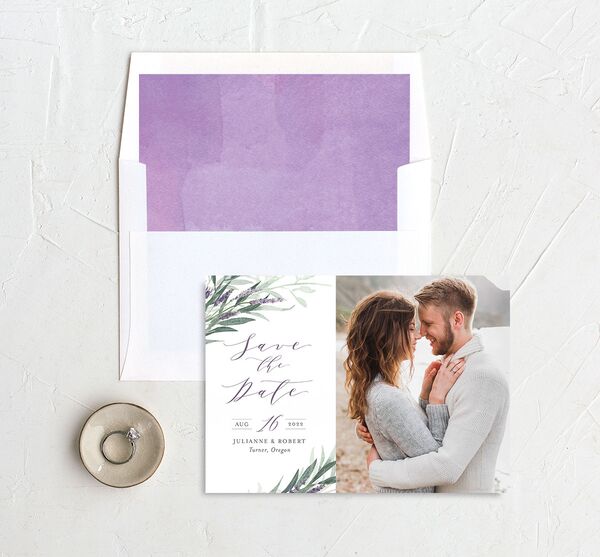 Herbal Romance Save the Date Cards envelope-and-liner in Jewel Purple