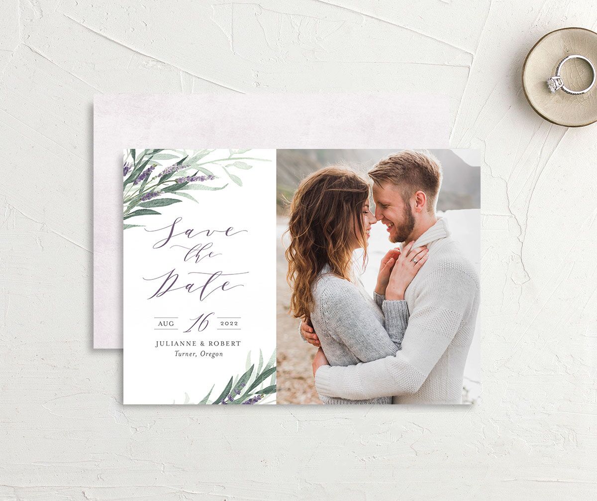 Herbal Romance Save the Date Cards front-and-back in Jewel Purple