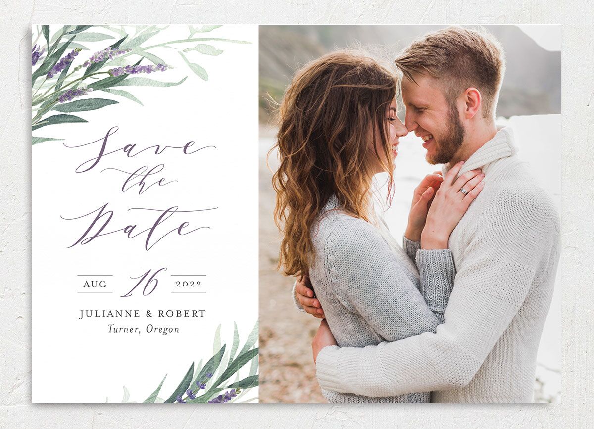 Herbal Romance Save the Date Cards front in Jewel Purple