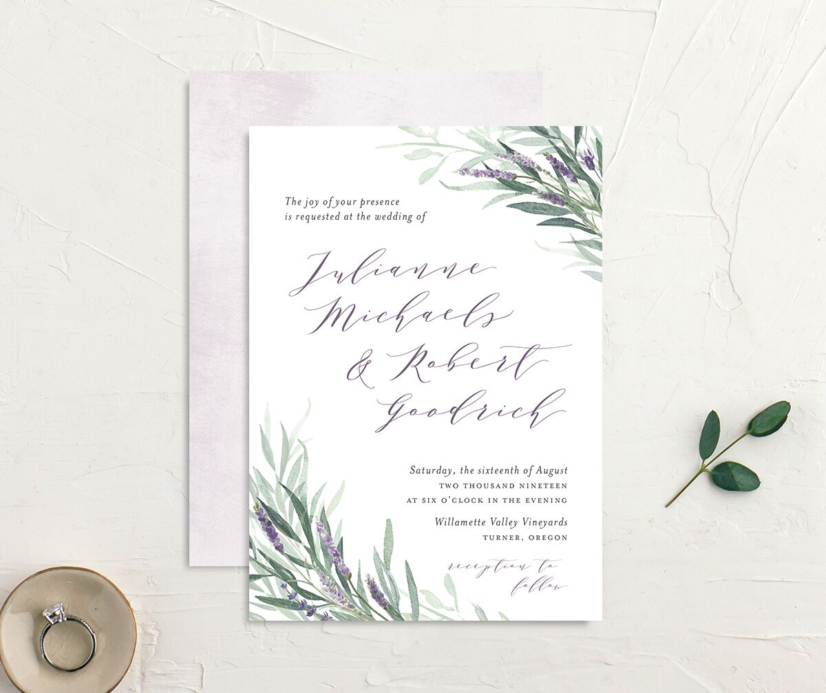 Herbal Romance Wedding Invitations front-and-back in Jewel Purple