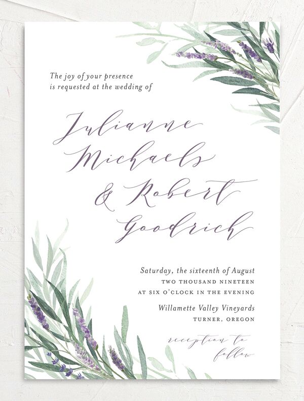 Herbal Romance Wedding Invitations front in Jewel Purple