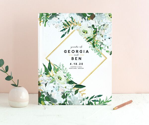 Vibrant Greenery Wedding Guest Book front in Pure White