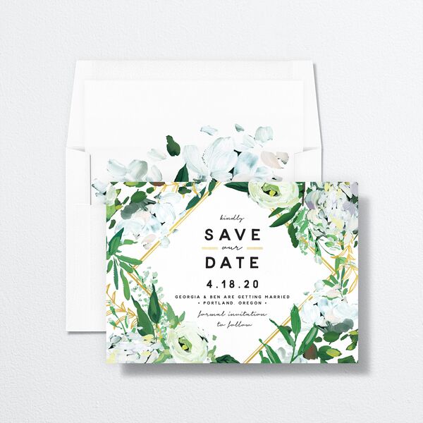 Vibrant Greenery Save the Date Cards envelope-and-liner in Pure White