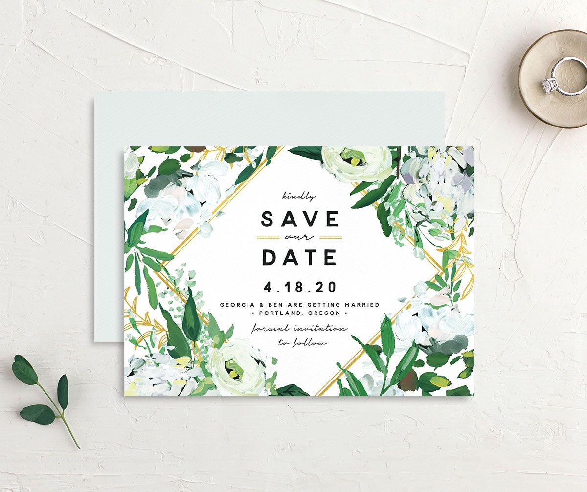 Vibrant Greenery Save the Date Cards front-and-back in White