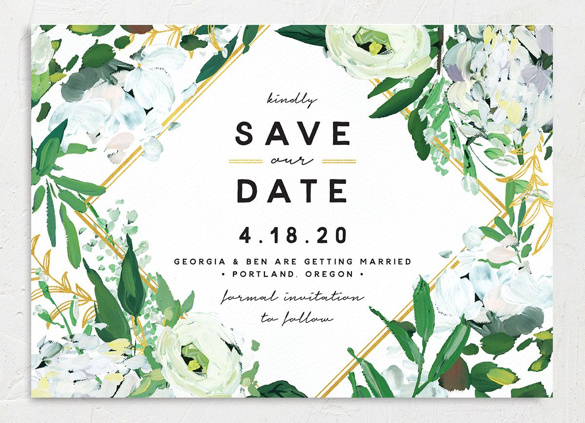 Vibrant Greenery Save the Date Cards front in White