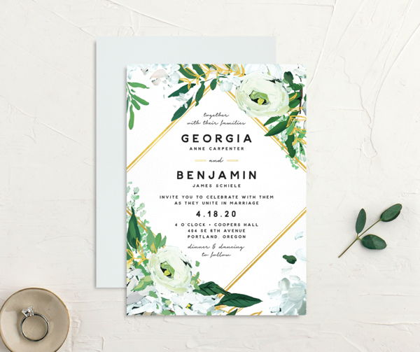 Vibrant Greenery Wedding Invitations front-and-back in Pure White