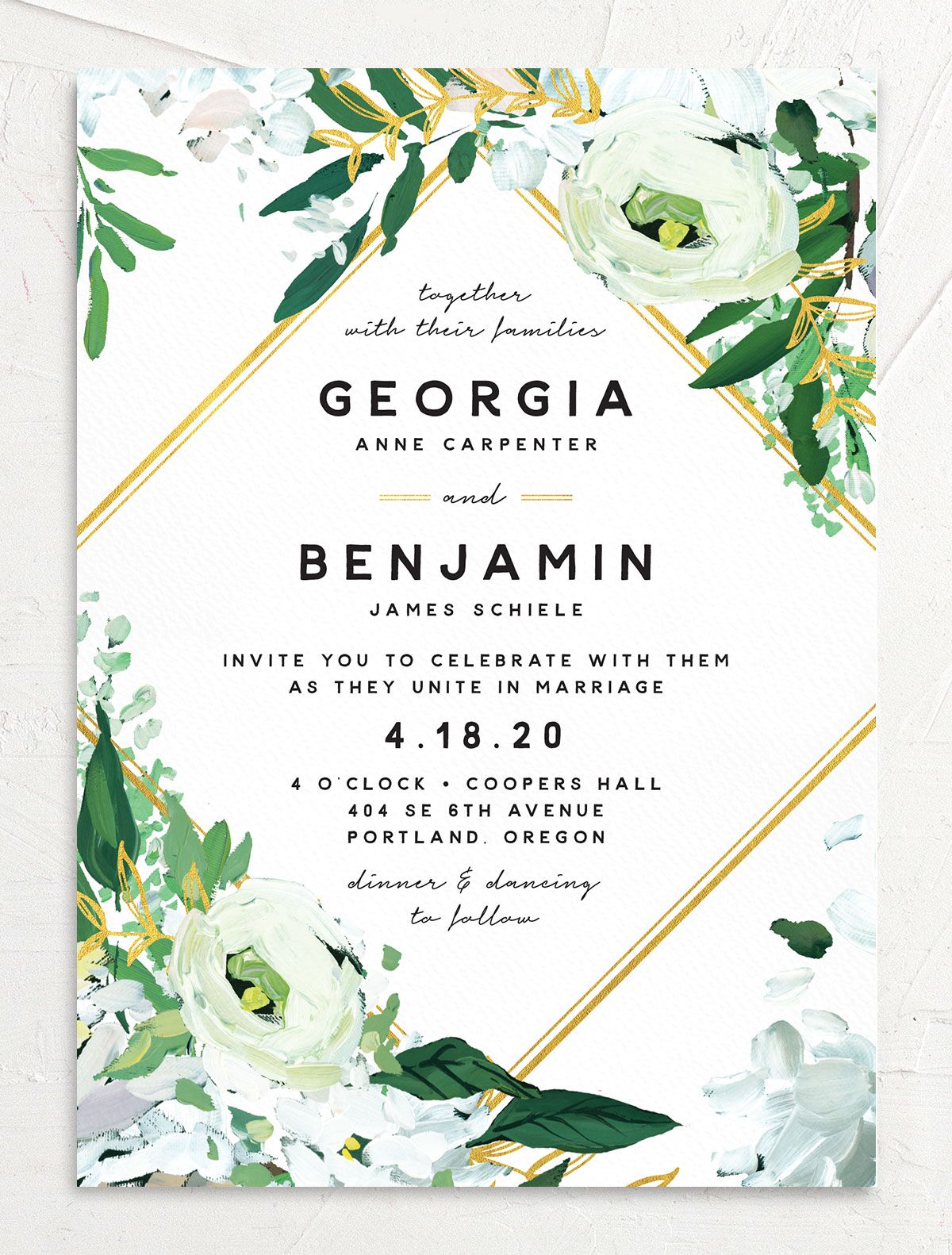 Vibrant Greenery Wedding Invitations front in Pure White