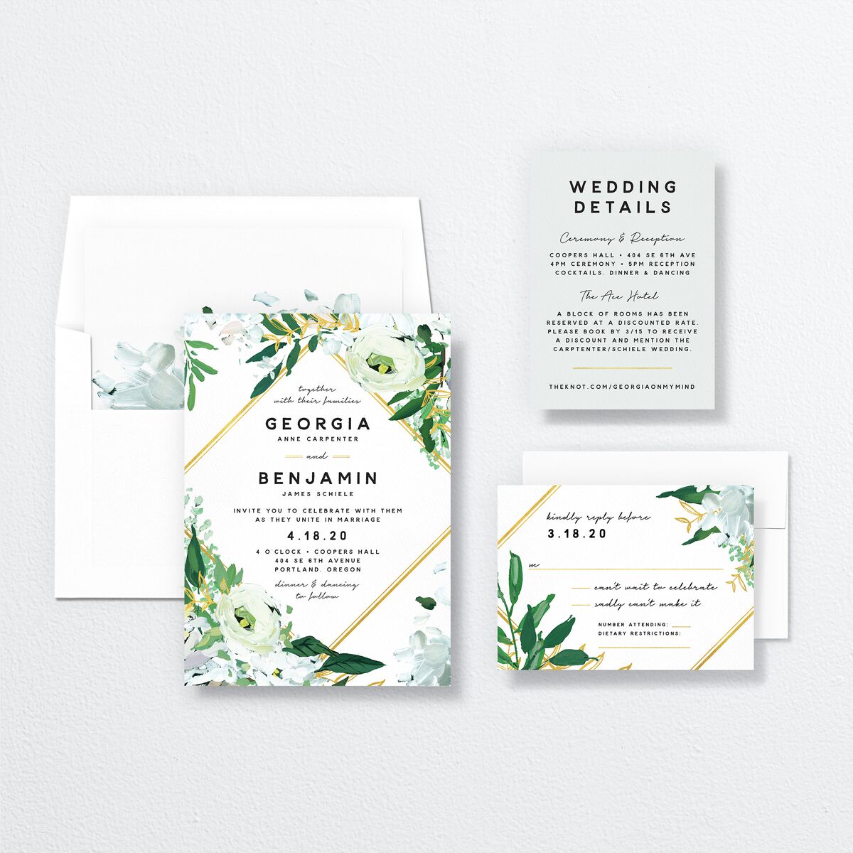 Vibrant Greenery Wedding Invitations suite in Pure White