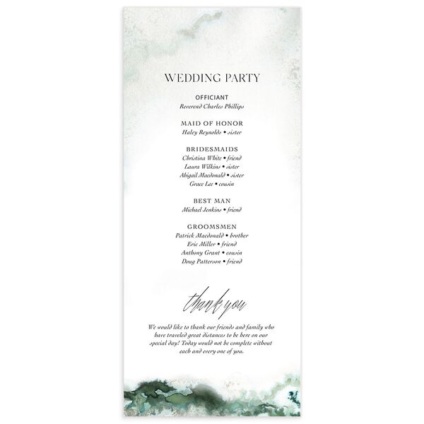 Ethereal Watercolor Wedding Programs back in Jewel Green