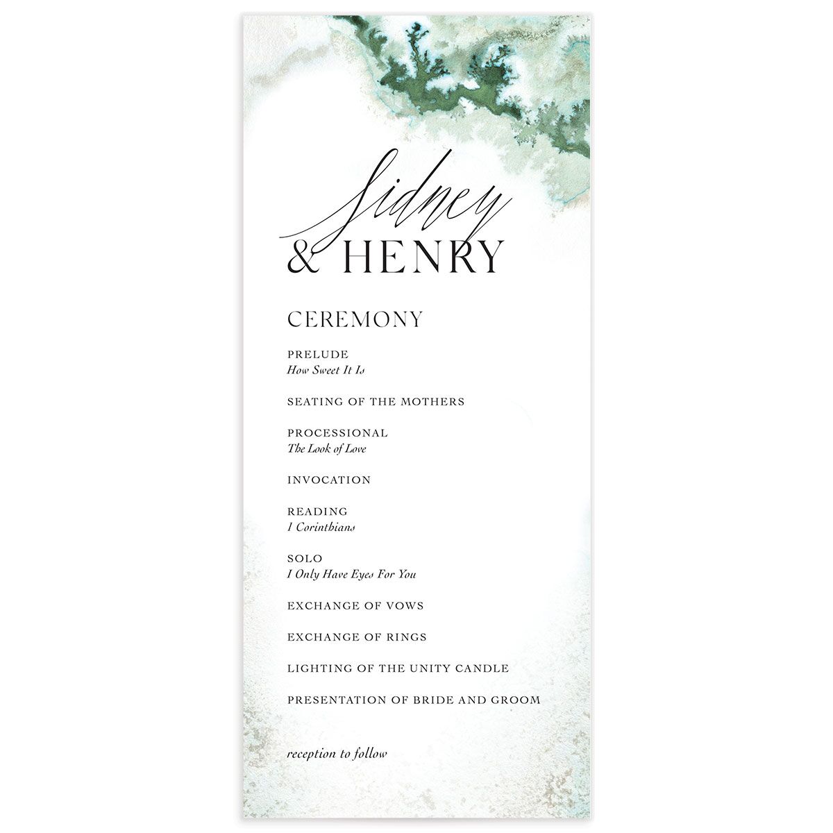 Ethereal Watercolor Wedding Programs front in Jewel Green