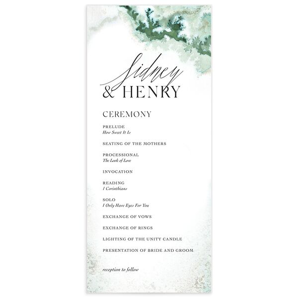 Ethereal Watercolor Wedding Programs front in Jewel Green