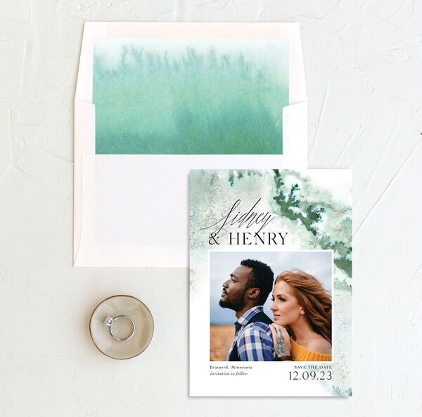 Ethereal Watercolor Save the Date Cards envelope-and-liner in Jewel Green