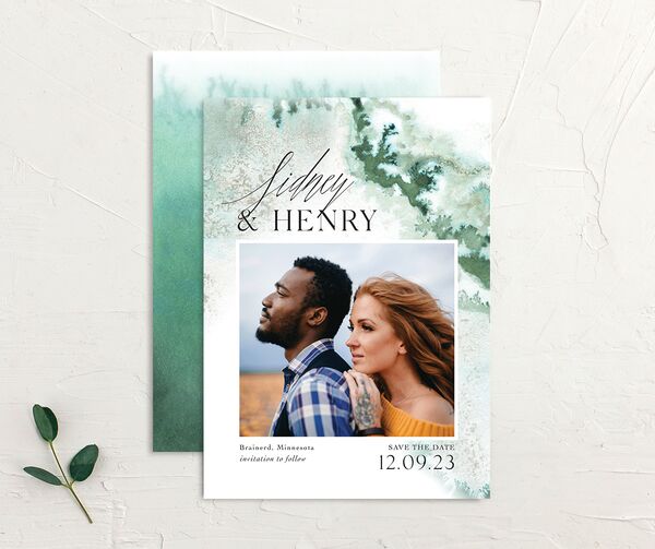 Ethereal Watercolor Save the Date Cards front-and-back in Jewel Green