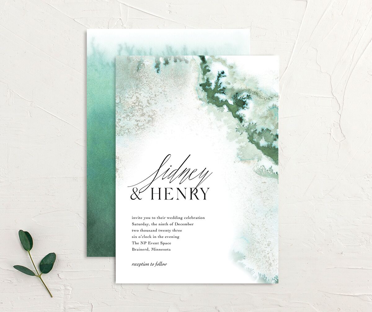 Ethereal Watercolor Wedding Invitations front-and-back in Green