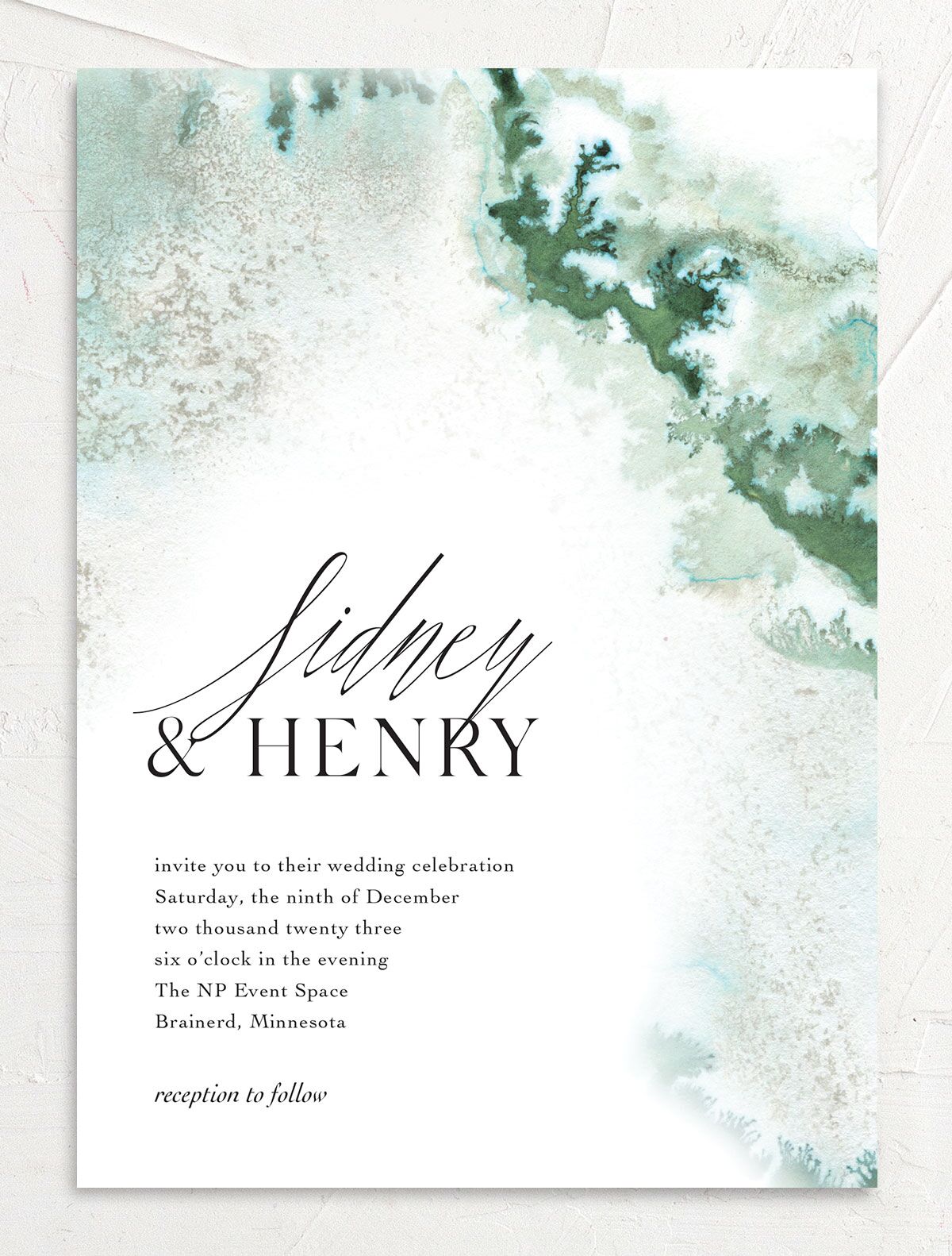Ethereal Watercolor Wedding Invitations front in Jewel Green