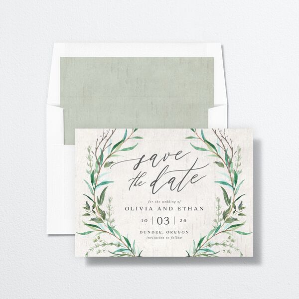 Rustic Laurel Save the Date Cards envelope-and-liner in Jewel Green