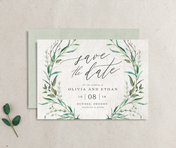 Rustic Laurel Save the Date Cards front-and-back in Jewel Green
