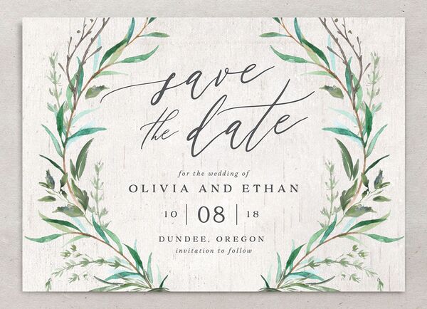 Rustic Laurel Save the Date Cards front in Jewel Green