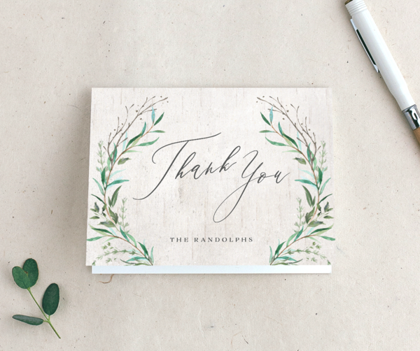 Rustic Laurel Thank You Cards front in Jewel Green