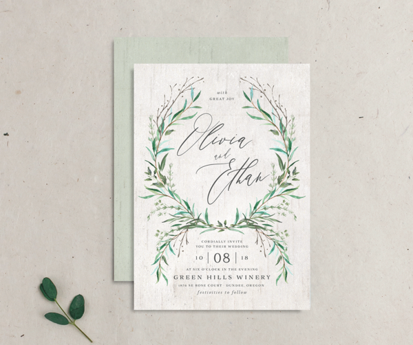 Rustic Laurel Wedding Invitations front-and-back in Green