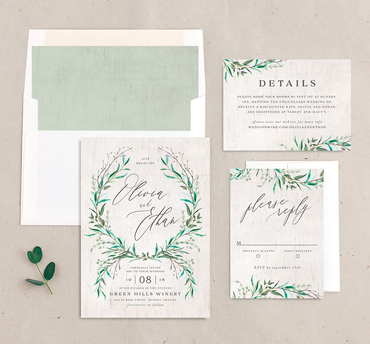 Rustic Laurel Wedding Invitations suite in Green
