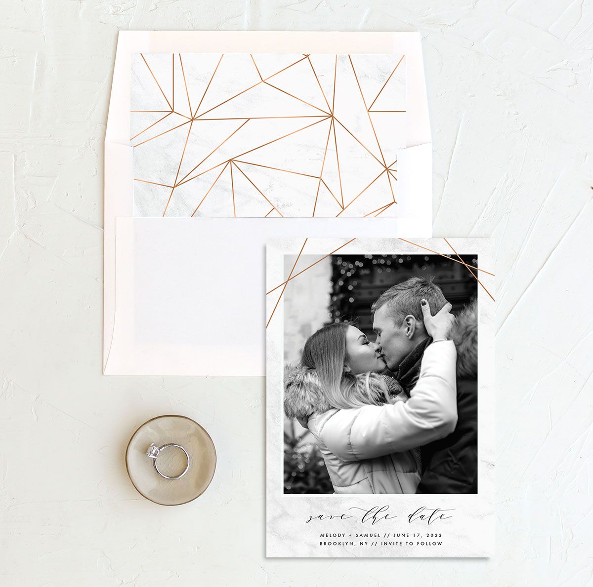 Minimal Marble Save the Date Cards envelope-and-liner in Silver