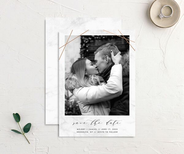 Minimal Marble Save the Date Cards front-and-back in Silver