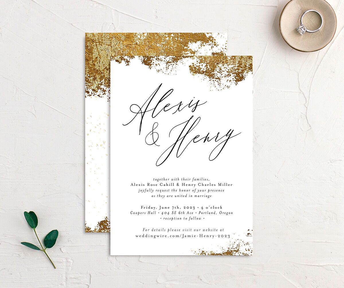 Golden Abstract Wedding Invitations front-and-back in Dijon