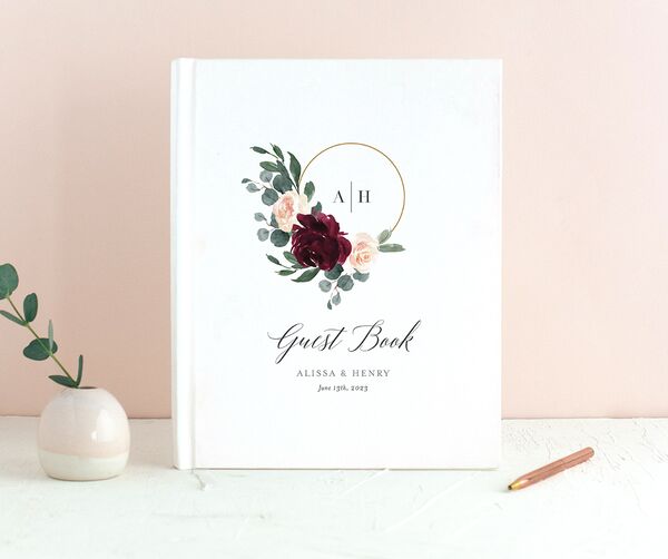 Rose Band Wedding Guest Book front in Ruby