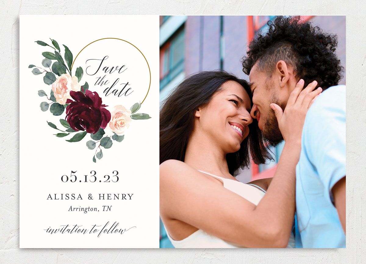 Rose Band Save the Date Cards front in Ruby