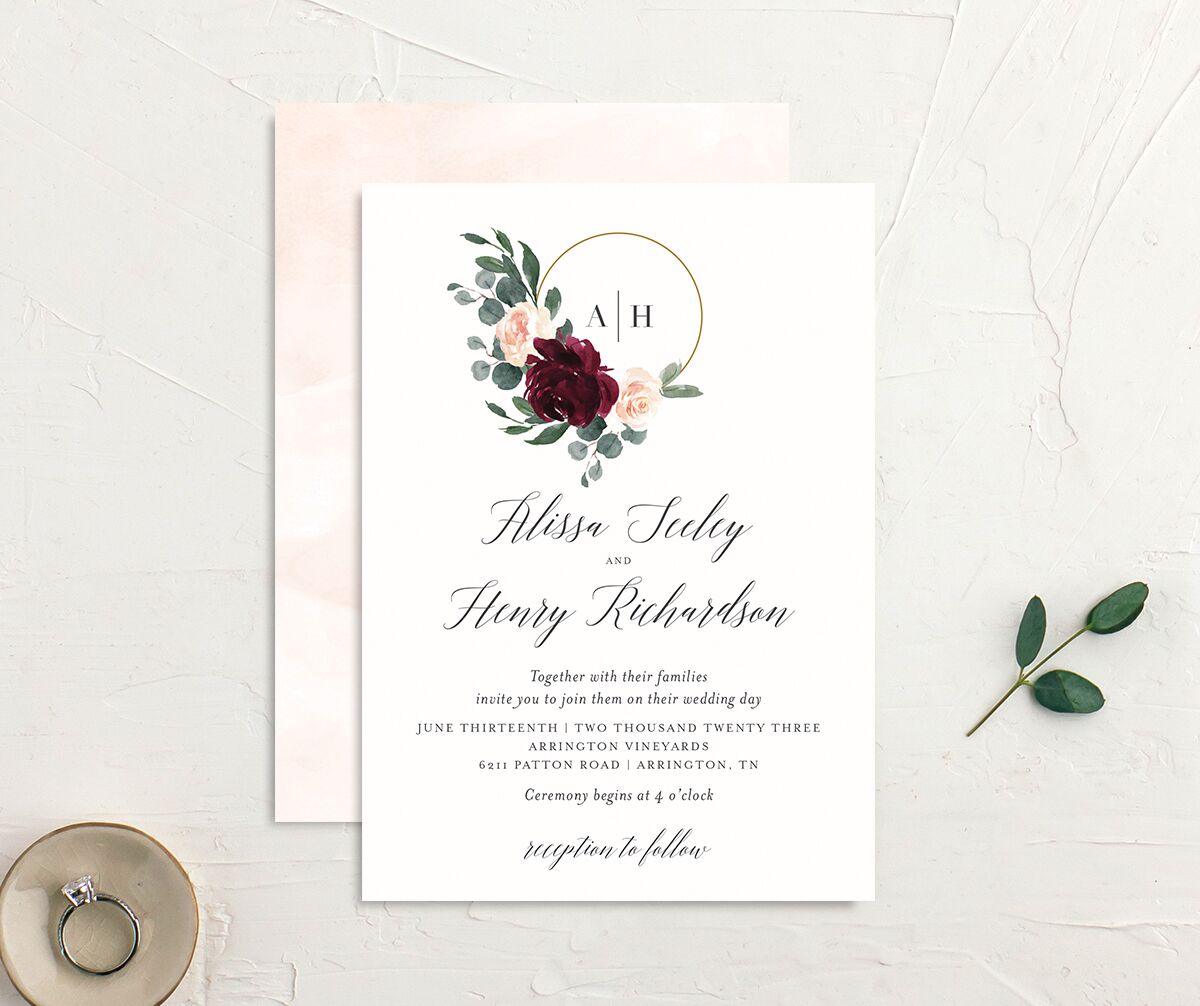 Rose Band Wedding Invitations front-and-back in Red