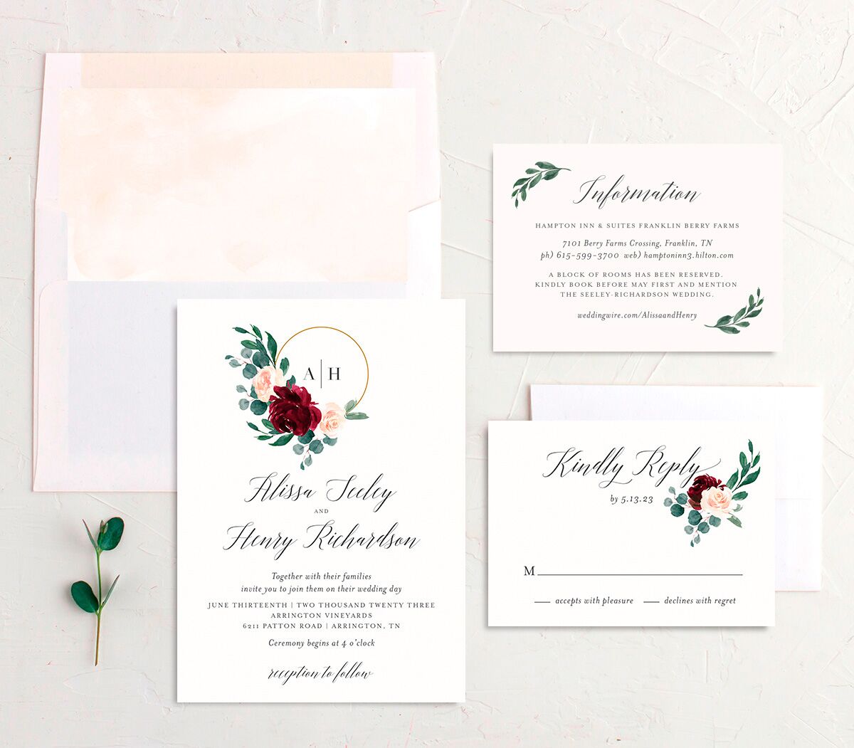 Rose Band Wedding Invitations suite in Red