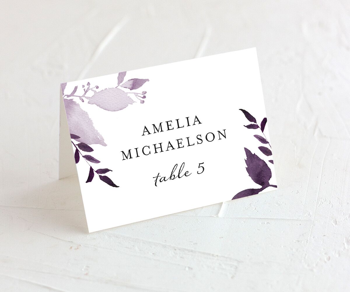 Watercolor Foliage Place Cards front in Jewel Purple