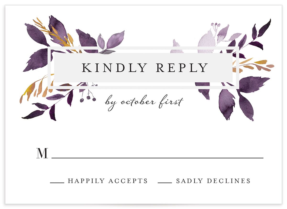Watercolor Foliage Wedding Response Cards front in Jewel Purple