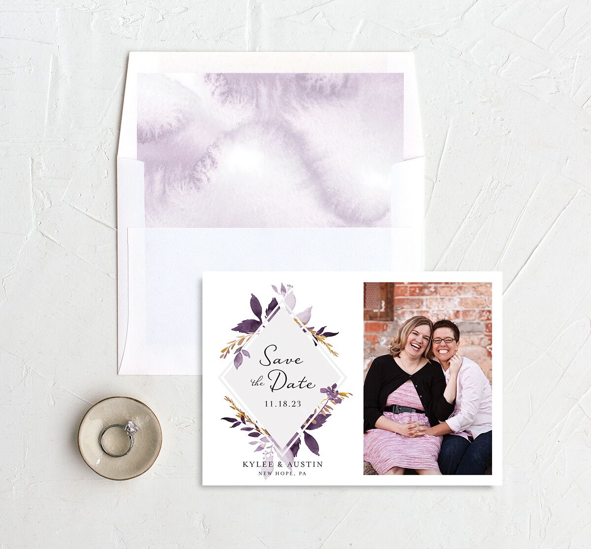 Watercolor Foliage Save the Date Cards envelope-and-liner in Jewel Purple